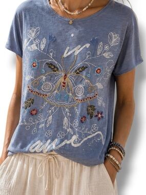 Kyla Seo Comfort Embroidered Butterfly Graphic Slub Cotton Tee Small